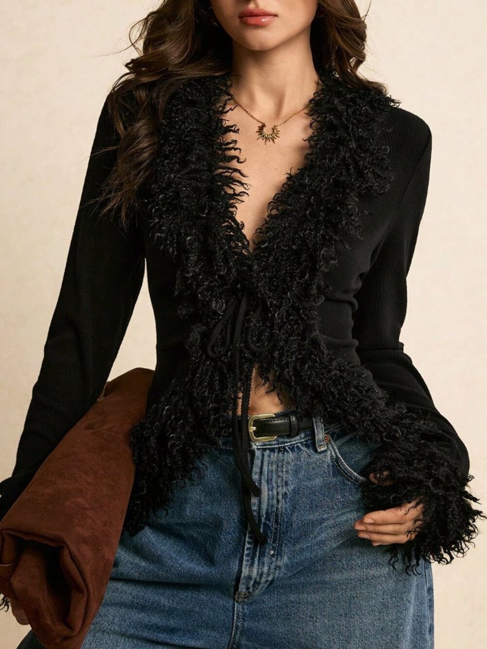 Black Women's Plush faux fur Trim Tie front Elegant cardigan top